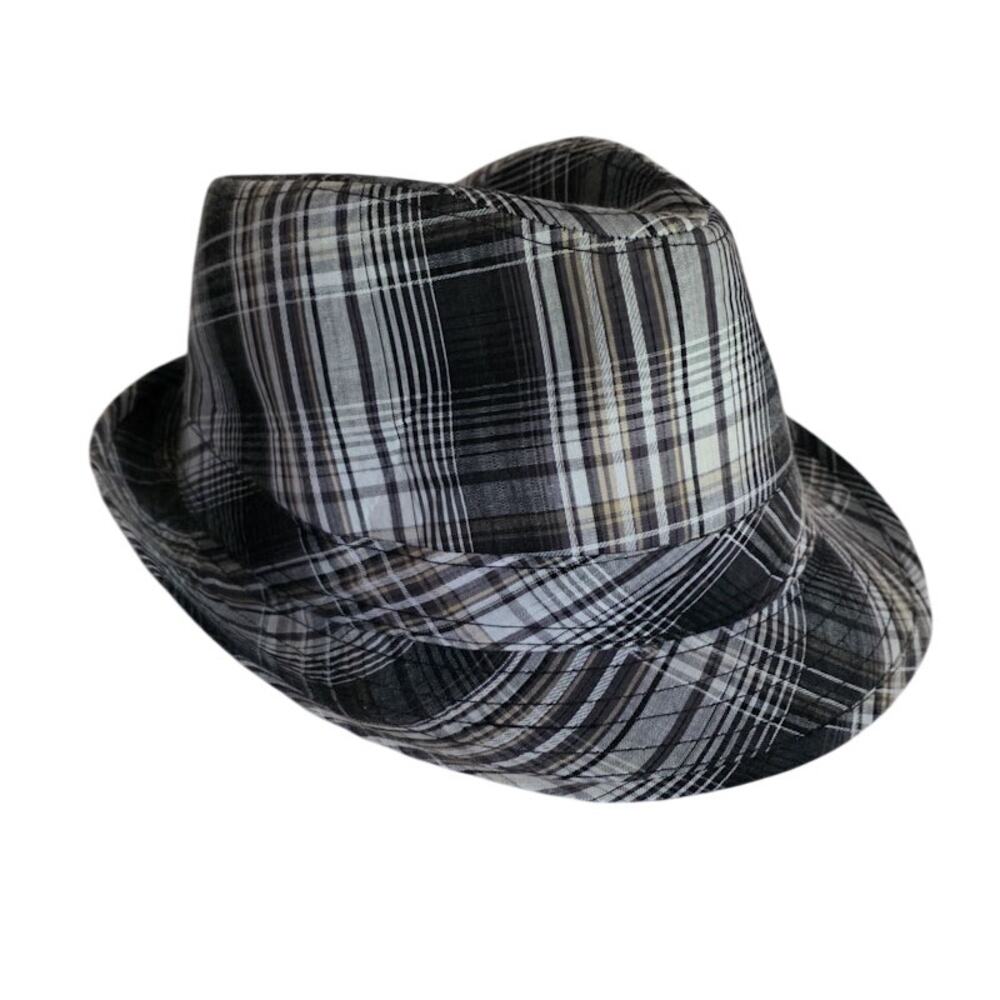 Retro Men's White Black Gray Plaid Fedora Golf Hat Cotton 59 cm Church